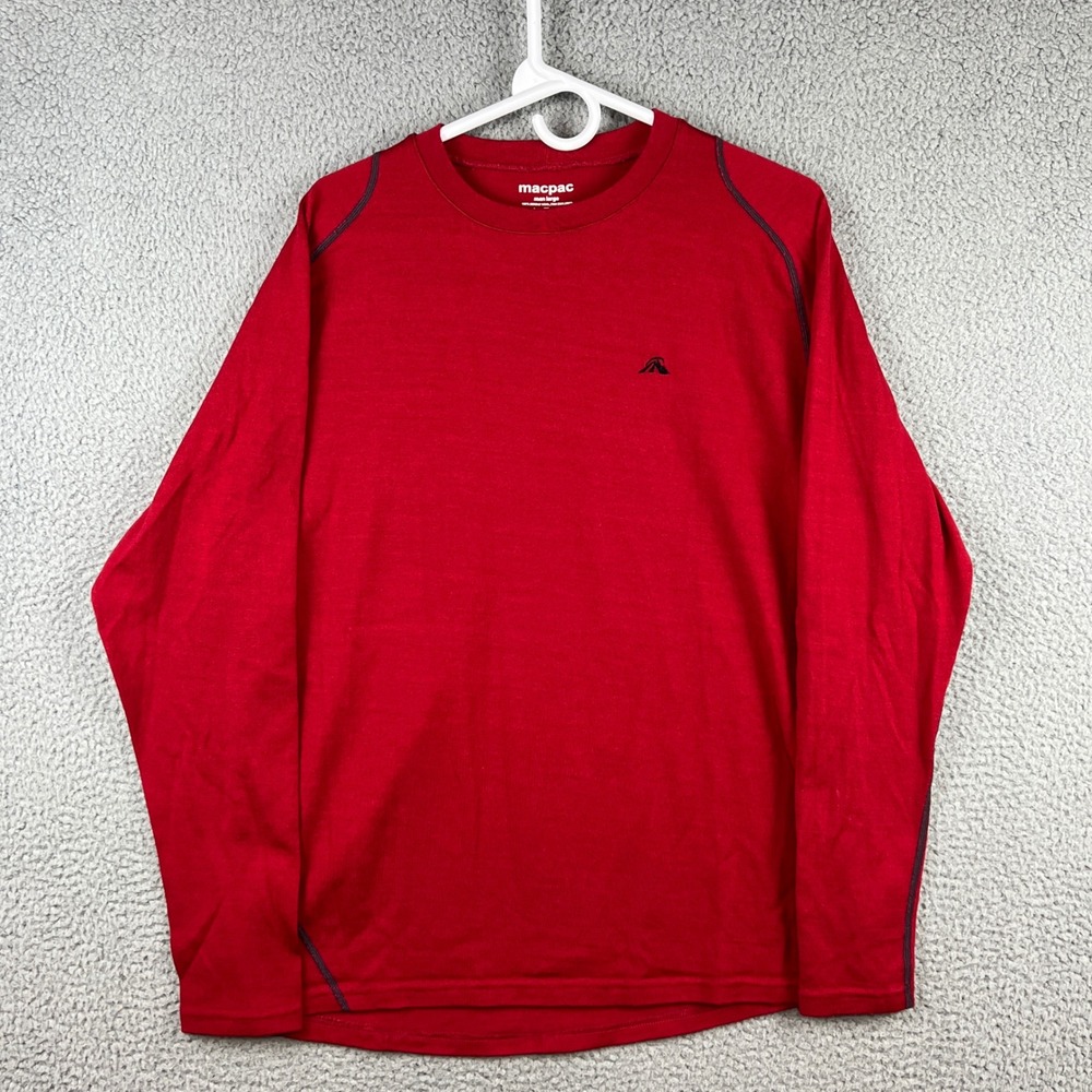 Macpac‎ Mens Large Red 100% Merino Wool Long Sleeve Base Layer Crew Neck Shirt